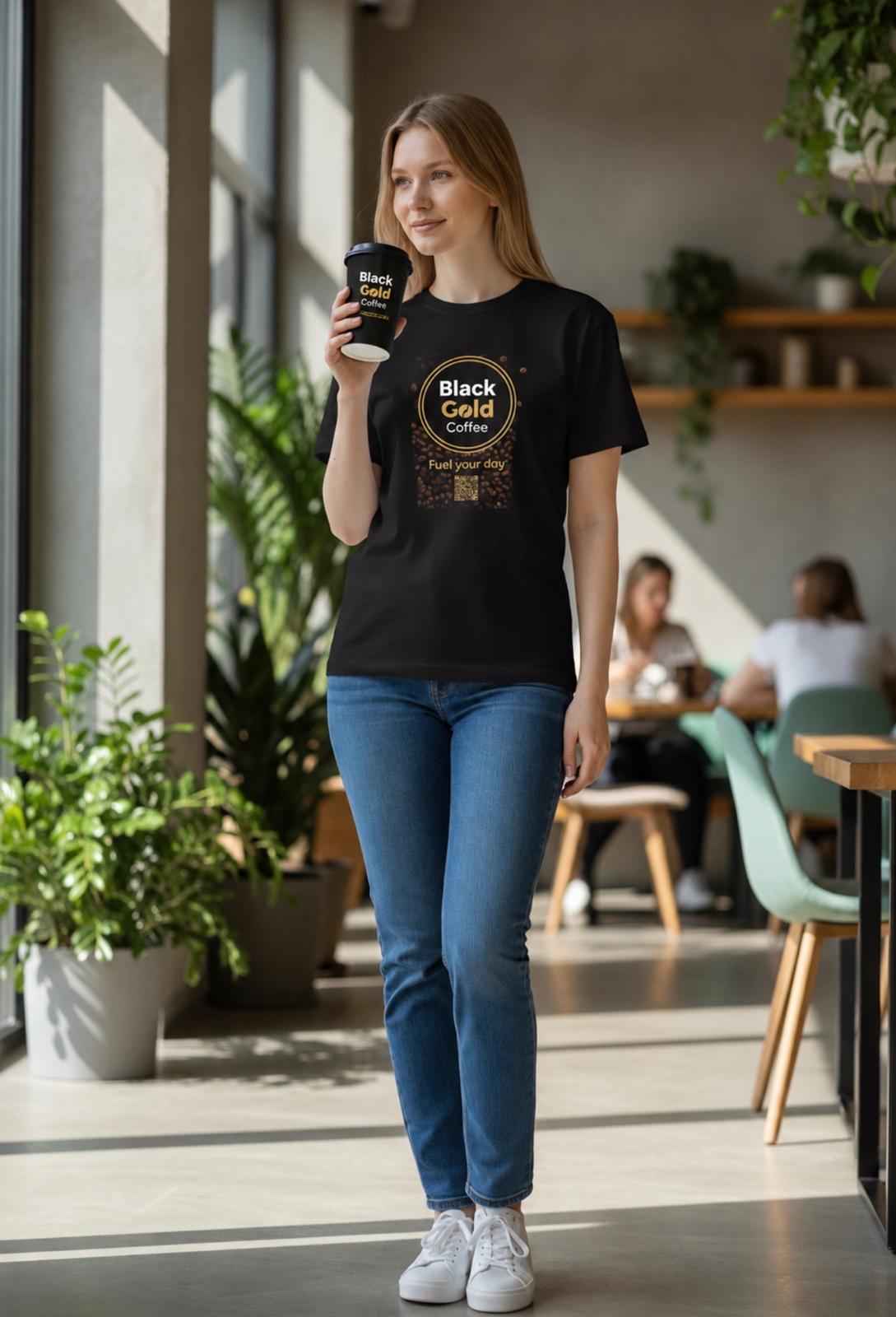 Black Gold Coffee customer holding a branded takeaway cup.